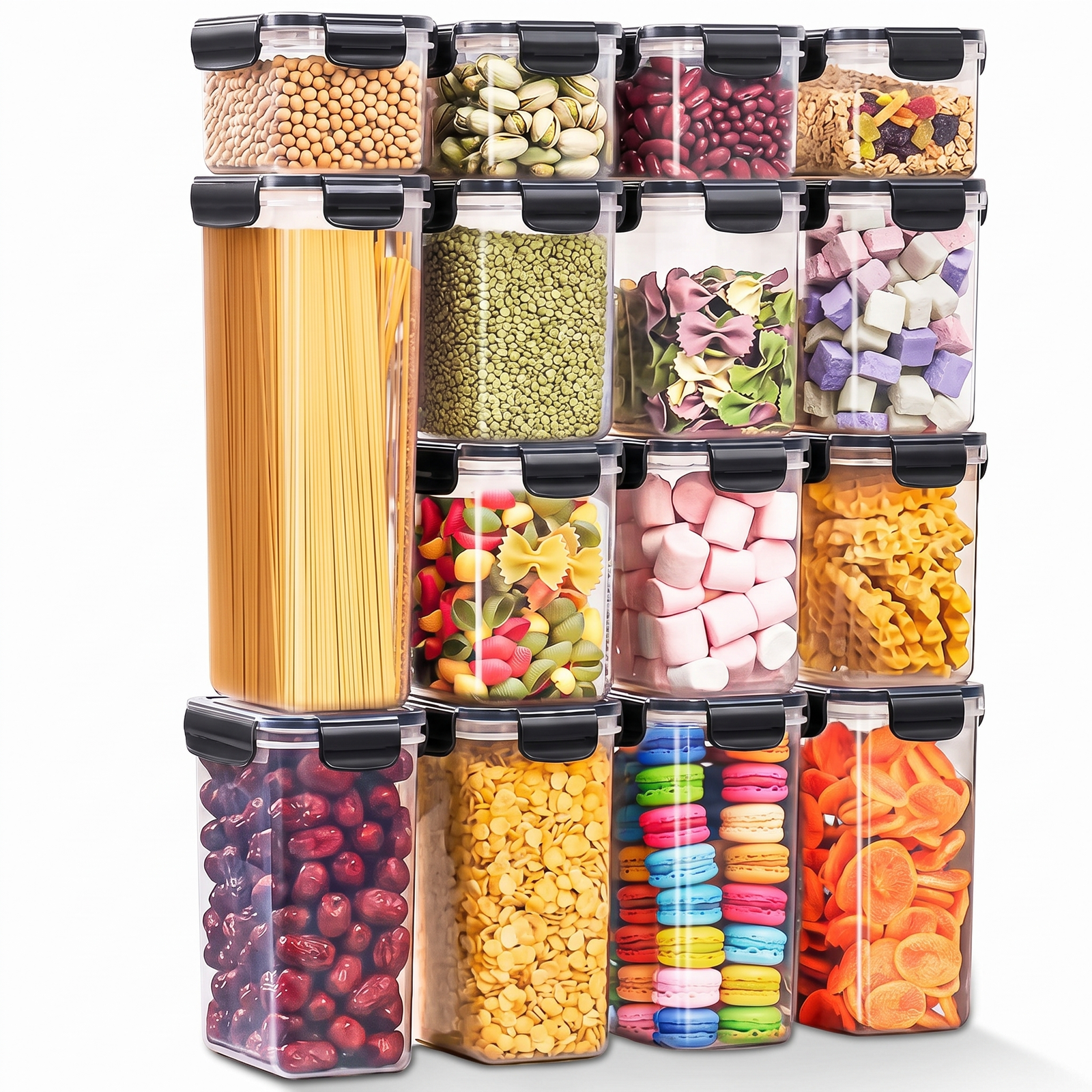 Kit 15 potes herméticos quadrados LEMANN empilhados