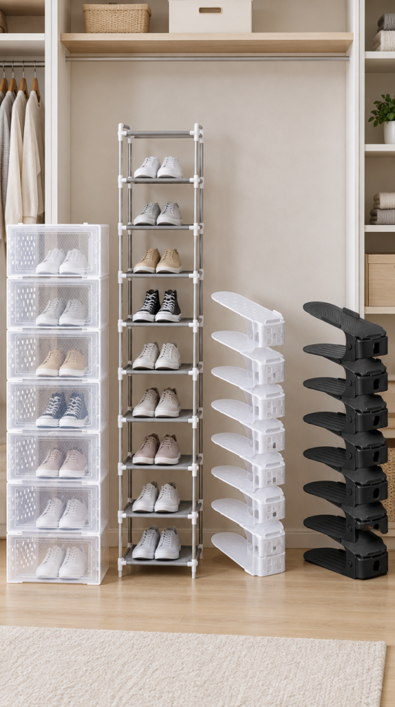 4 organizadores de sapatos comparados: SONGMICS, sapateira vertical, kit regulagem e Paramount