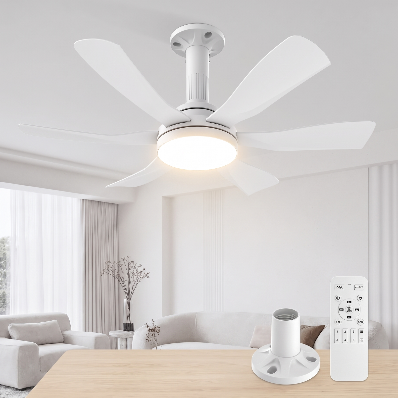Ventilador de teto branco com 6 pás e luz LED, compacto para home office