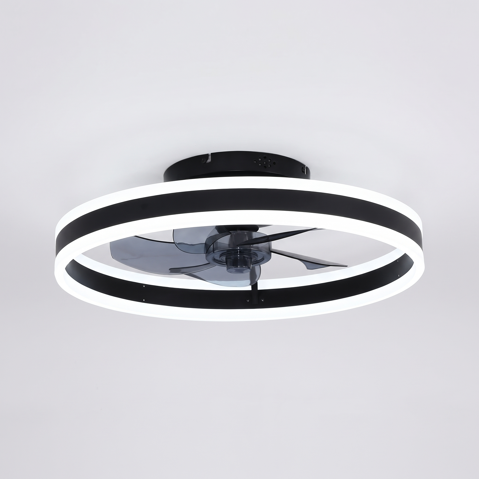 Ventilador de teto plafon preto com anel de luz LED e motor DC silencioso