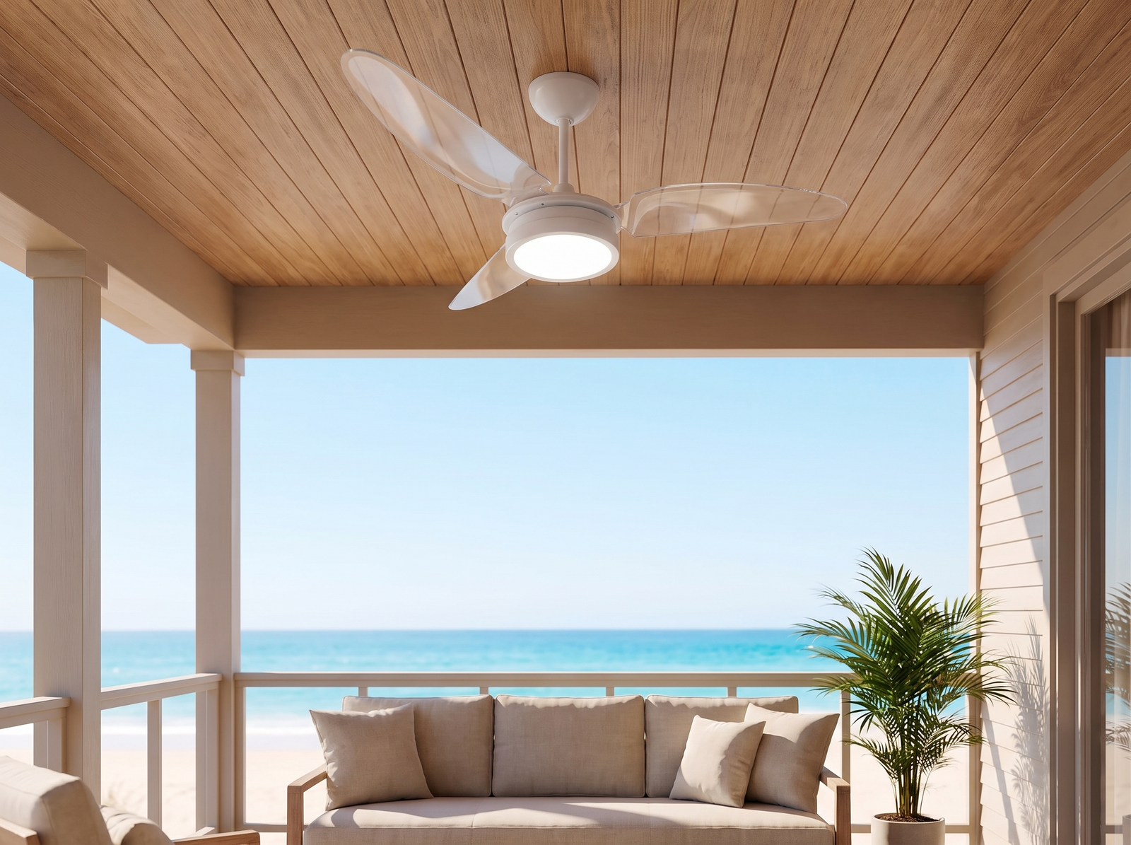 Ventilador de teto branco com pás transparentes, resistente à maresia e umidade, instalado em varanda